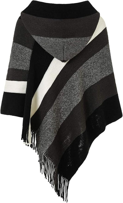 Ferand Women's Striped Poncho Sweater Cozy Knit Fringe Shawl Wraps for Fall Winter