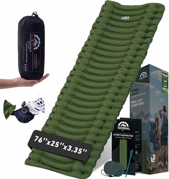 Gear Doctors® Ether 17.5oz Ultralight Camping Sleeping Pad – Backpacking Air Mattress – Camping Mattress Pad – Compact Inflatable Sleeping Mat for Backpacking, Comfortable Outdoor Hiking, Tent, Travel