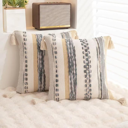 Boho Throw Pillow Covers 18x18 Set of 2 Woven Tufted Farmhouse Pillows Cover with Tassels Textured Striped Cushion Case Neutral Pillow Cases Decorative Pillowcase for Sofa Couch Bed,Grey