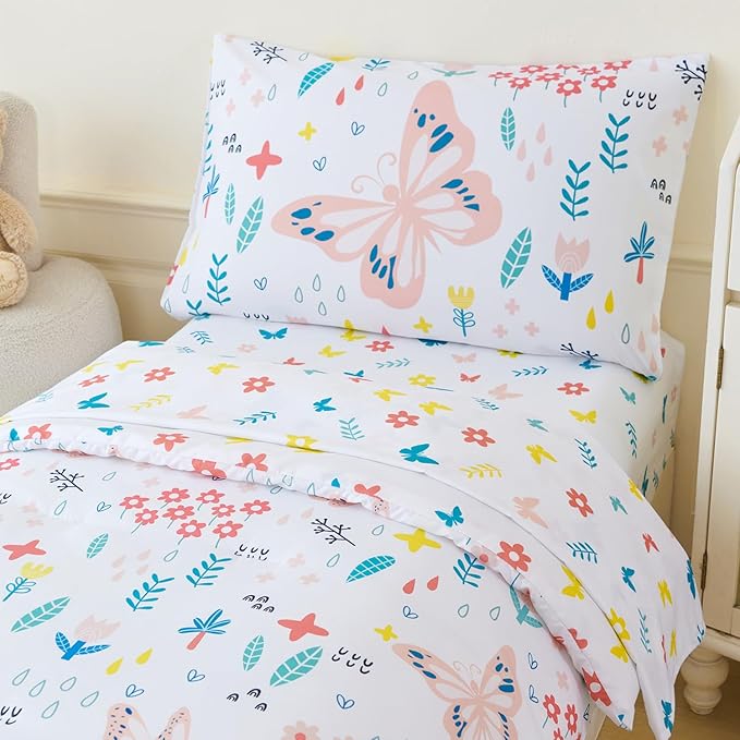 PERFEMET 5 Pieces Girls Bed in A Bag Full Size Reversible Pink Flowers Butterfly Comforter Set with Sheet Soft Lightweight Botanical Floral Bedding Set for Kids Teen(White, Full)