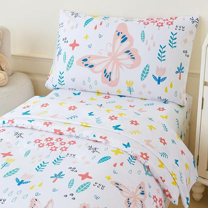 PERFEMET Girls Floral Comforter Set Twin Size 4 Pieces Botanical Flower Bedding Set Butterfly Pattern Teens Kids Bed in a Bag with Sheets for All Seasons(White, Twin)