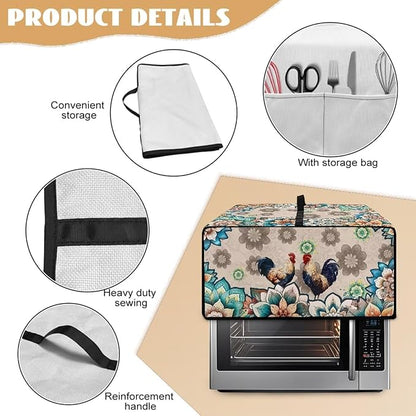 Rooster Boho Mandala Floral Print Microwave Oven Dust Cover Polyester-Linen Fabric Microwave Oven Cloth Cover Universal Case Protections Protector with Storage Bags, L