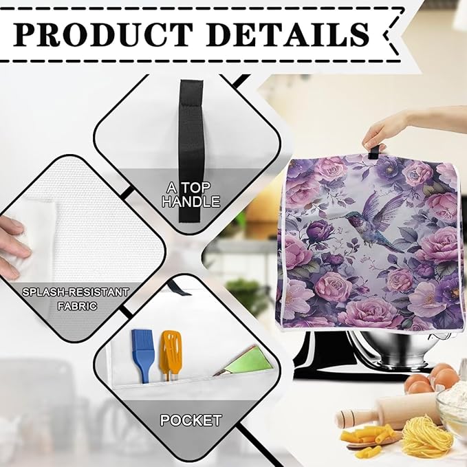 Hummingbird Stand Mixer Cover 6-8 Quart Floral Print Kitchen Appliance Covers Dust Protection Universal for Pressure Cooker Air Fryer Washable Kitchen Decoration Gift for Housewarming