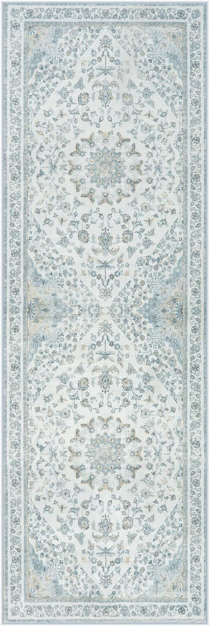 Moynesa Vintage Washable Blue 2x6 Hallway Runner Rug, Neutral Distressed Oriental Runner for Entryway Kitchen Bathroom Bedroom, Low Pile Soft Non-Slip Carpets for Nursery Laundry