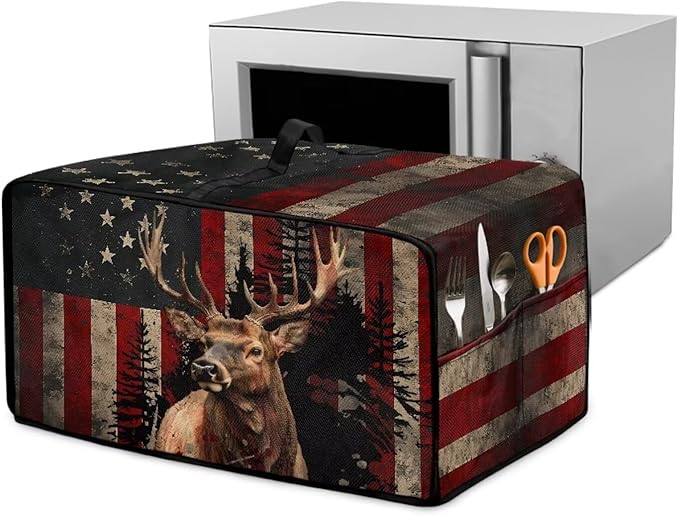 Vintage Deer Elk Print Microwave Oven Cover Waterproof Dust Cover for Microwave Oven American Flag Forest Print Universal Small Appliance Dust Covers Dirt and Fingerprint Protection, M