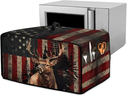 Vintage Deer Elk Print Microwave Oven Cover Waterproof Dust Cover for Microwave Oven American Flag Forest Print Universal Small Appliance Dust Covers Dirt and Fingerprint Protection, M