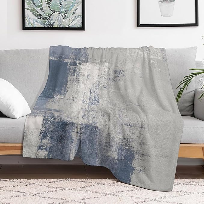 Abstract Gradient Blanket, Modern Fashion Art Blue Grey Painting Strokes Pattern Soft Warm Cozy Plush Flannel Covers for Livingroom Bedroom Couch Chair Camping Travel Home Decor Tapestry 50x60in