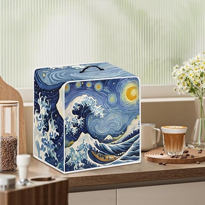 Starry Night Great Wave Print Coffee Maker Covers With Top Handle Folding Coffee Machine Dust Covers For Blender Mixer Juice Machine Keep Office Home Kitchen Clean