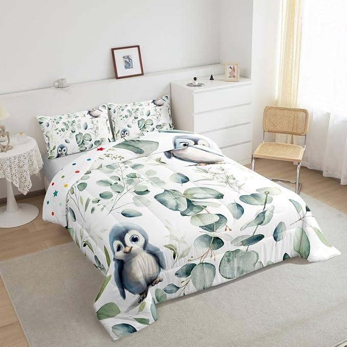 Erosebridal Cartoon Penguin Bedding Toddler Size Woodland Wildlife Comforter Set, Plant Duvet Insert Eucalyptus Leaf Quilt Comforter, Antarctic Animal Theme Bedding Comforters & Sets Kids Room Decor