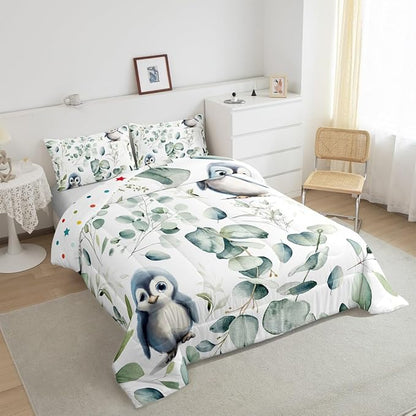 Erosebridal Cartoon Penguin Full Comforter Set Toddler Woodland Wildlife Bedding Set, Plant Bedding Comforter Sets Eucalyptus Leaf Duvet Set, Antarctic Animal Theme Quilted Comforter Kids Room Decor