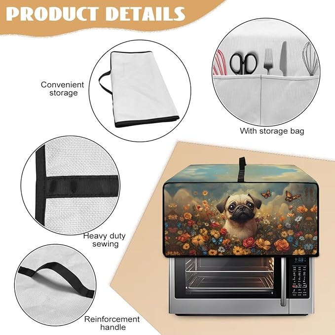 Cute Pug Dog Floral Butterfly Print Microwave Oven Dust Cover Dust Cover for Microwave Oven Universal Foldable Small Appliance Dust Covers Dirt and Fingerprint Protection, S