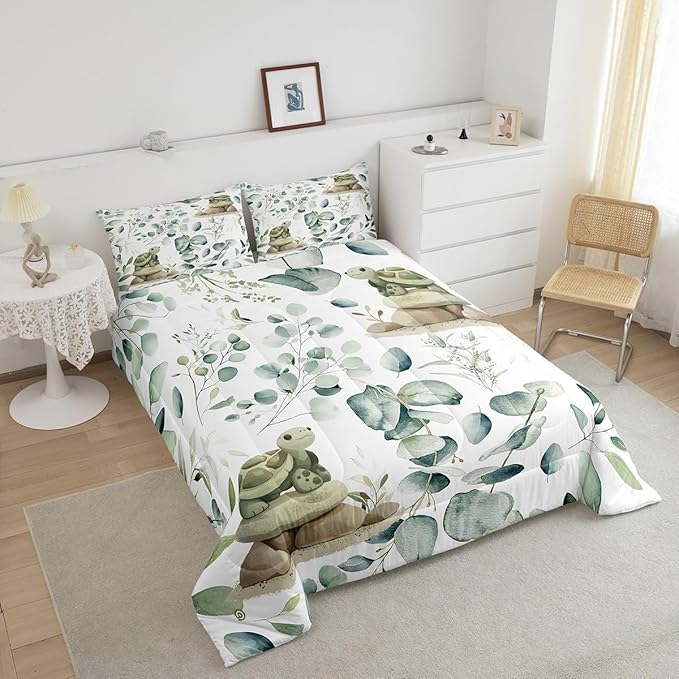 Erosebridal Kawaii Turtle Bedding King Size for Boys Girls Cartoon Animal Comforter Set King, Eucalyptus Leaves Duvet Insert Marine Wildlife Quilt Set, Tropical Plants Bedding Comforters & Sets