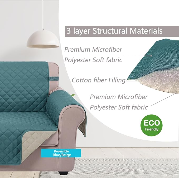 U-NICE HOME Recliner Chair Covers Reversible Chair Cover Pet Covers for Dogs with Elastic Straps Water Resistant Diamond Quilted (23''Recliner Small, Blue/Beige)