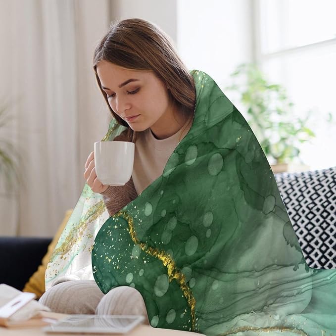 Modern Marble Blanket, Abstract Luxury Baroque Golden Lake Green Stone Veins Pattern Soft Warm Cozy Plush Flannel Covers for Livingroom Bedroom Couch Chair Camping Travel Home Decor Tapestry 50x60in