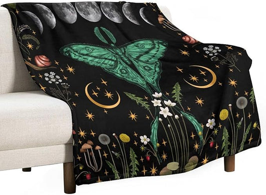 Moon Phase Moth Blanket, Vintage Botanical Mushroom Wildflower Gothic Night Moonlit Mysterious Witchy Throws Blanket for Sofa Bed Couch Chair, 50"x60"