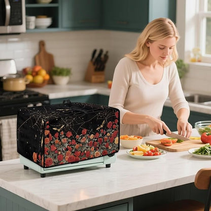 Red Rose Bat Cobweb Print Microwave Oven Dust Cover Polyester-Linen Fabric Dust Cover for Microwave Oven Universal Dust-Proof Kitchen Appliance Protector Fits Most Microwaves, S