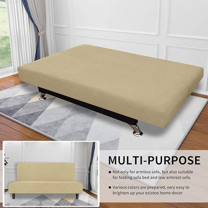 Easy-Going Stretch Futon Slipcover Armless Futon Bed Cover Furniture Protector Without Armrests with Elastic Bottom for Kids, Soft Jacquard Fabric Small Checks (Medium, Beige)