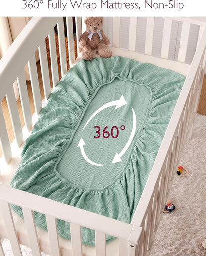 Momcozy Muslin Standard Fitted Crib Sheets, 52"x28", 2 Pack Soft Breathable Natural Cotton Baby Mattress Sheet, 360° Mattress Wrapping No Slip Boys Girls Neutral Toddler Bed Sheet, Green Grey
