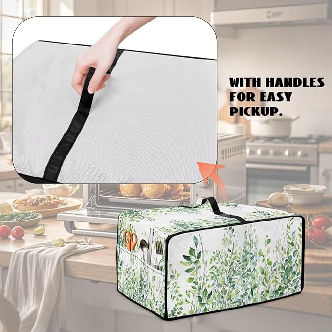 Toaster Oven Dust Cover with Storage Pockets, Dust-Proof Kitchen Appliance Protector for Small Appliances Convection Ovens, M, 16.5 x 20.5 x 10 Inches, Green Leaf White