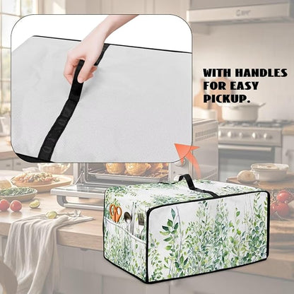 Toaster Oven Dust Cover with Storage Pockets, Dust-Proof Kitchen Appliance Protector for Small Appliances Convection Ovens, M, 16.5 x 20.5 x 10 Inches, Green Leaf White