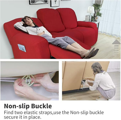 Easy-Going 6 Pieces Recliner Loveseat Stretch Sofa Slipcover Sofa Cover Furniture Protector Couch Soft with Elastic Bottom Kids, Spandex Jacquard Fabric Small Checks Christmas Red