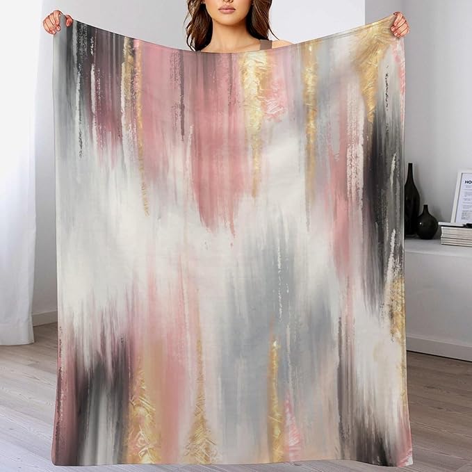 Fashion Gradient Blanket, Modern Art Baroque Gold Grey Pink Painting Strokes Pattern Soft Warm Cozy Plush Flannel Covers for Livingroom Bedroom Couch Chair Camping Travel Home Decor Tapestry 60x80in