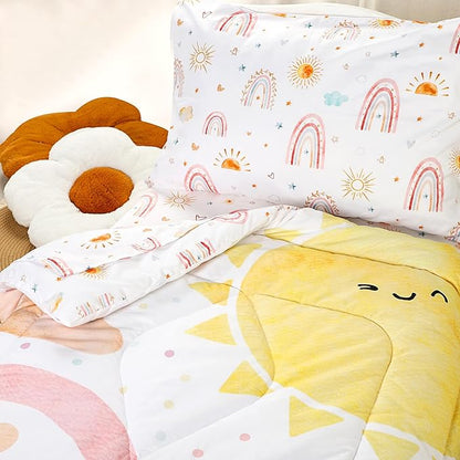 Toddler Bedding Set for Girls, 4 Piece Rainbow Toddler Girl Bedding Set, Super Soft & Lightweight Toddler Comforter Set Includes Comforter, Flat Sheet, Fitted Sheet, Pillowcase (Pink)