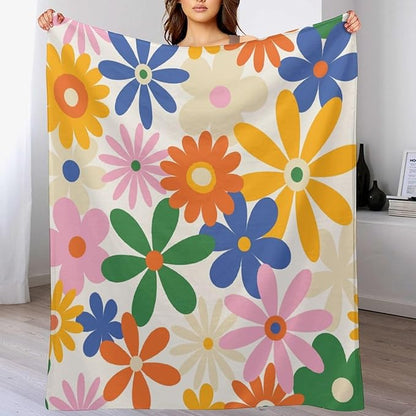 70s Retro Flower Throw Blanket, 60s Vintage Groovy Daisy Flowers Boho Hippie Bright Colorful Floral Print Blanket for Couch Chair Sofa Bed Dorm Bedroom Home 30"x40"