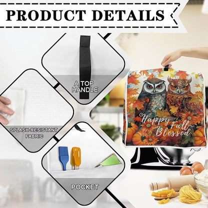 Owl Stand Mixer Cover Compatible with 4.5-5 Quart, Autumn Pumpkin Kitchen Appliance Cover Universal for Air Fryers Maple Leaf Coffee Makers Pressure Cooker Cover Thanksgiving Kitchen Decor