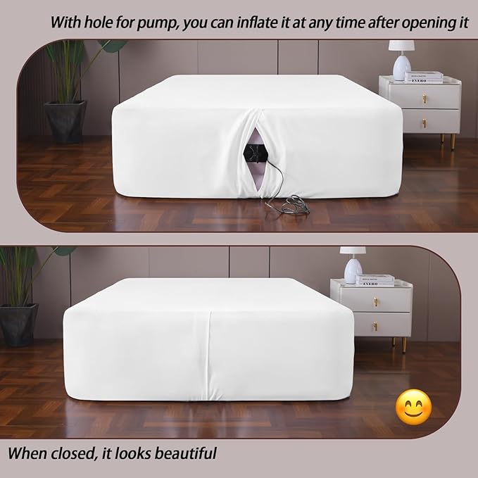 Queen Fitted Sheet for Air Mattress,with 24 Inch Extra Deep Pockets,Ultra Soft Durable Breathable Bed Sheets Cover for Inflatable Air Bed,with Pump Opening,Inflate at Any Time-White
