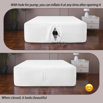 Queen Fitted Sheet for Air Mattress,with 24 Inch Extra Deep Pockets,Ultra Soft Durable Breathable Bed Sheets Cover for Inflatable Air Bed,with Pump Opening,Inflate at Any Time-White