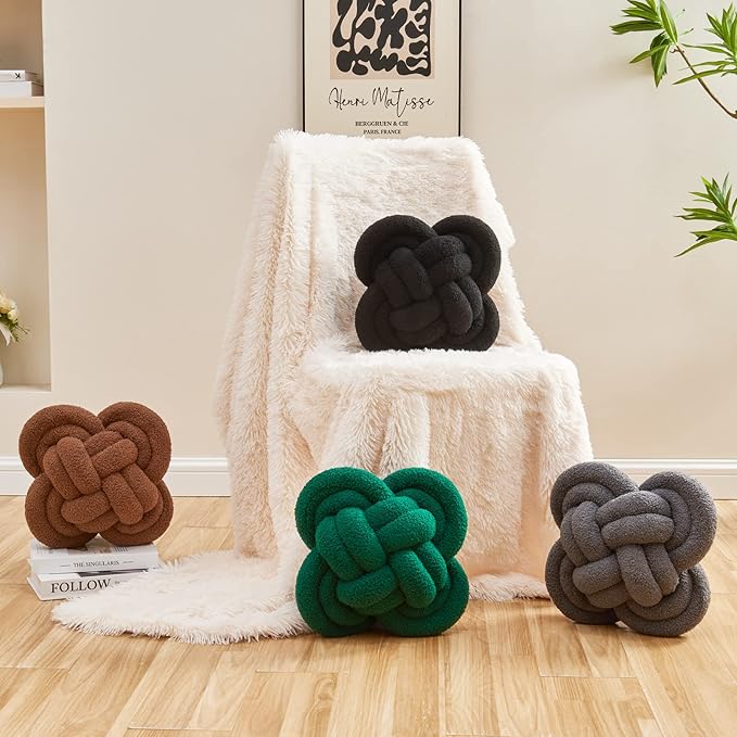 Xiashrk Knot Pillow Ball, 12" Soft Decorative Throw Pillows for Couch Bed, Dark Green Knotted Plush Throw Pillow Handmade Square Cushion Home Couch Decor Pillows for Living Room