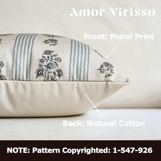 Amor Virisso Floral Throw Pillow Covers 18x18 Set of 2 Block Print Pillow Covers Neutral Floral Striped Farmhouse Decorative Pillow Covers for Sofa Couch Bed, Light Blue
