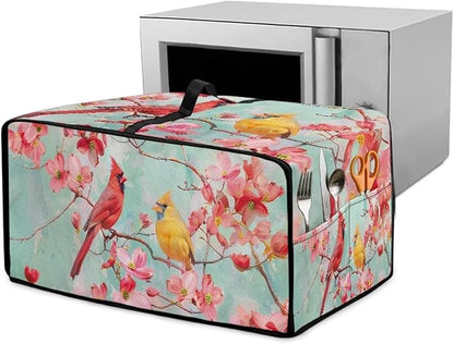 Cardinal Cherry Blossom Print Microwave Oven Cover Waterproof Dust-Proof Microwave Toaster Oven Cover with Storage Bags Universal Washable Decor Accessories for Kitchen, M