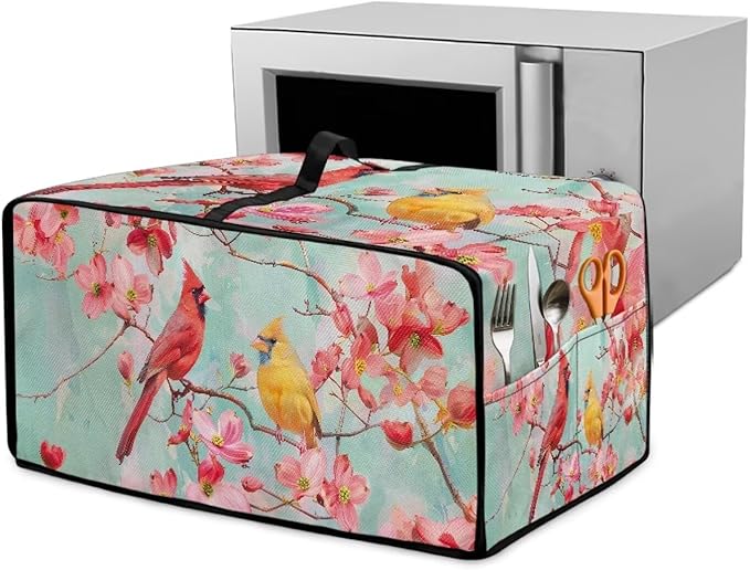Cardinal Cherry Blossom Print Microwave Oven Cover Waterproof Dust-Proof Microwave Toaster Oven Cover with Storage Bags Universal Washable Decor Accessories for Kitchen, S