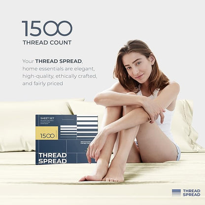 THREAD SPREAD 100% Egyptian Cotton Sheets Queen Size - 1500 Thread Count 4 PC Queen Sheet Set Egyptian Cotton, Sateen Weave Luxury Sheets Queen Size, High Thread Count Sheets, 17" Deep Pocket - Ivory