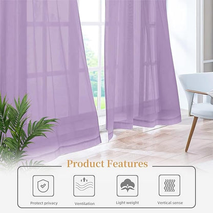 Sheer Curtains 72 Inches Long 2 Panels, Rod Pocket Short Curtain for Kitchen, Bedroom, Cafe Window(Lavender 38" W x 72" L)