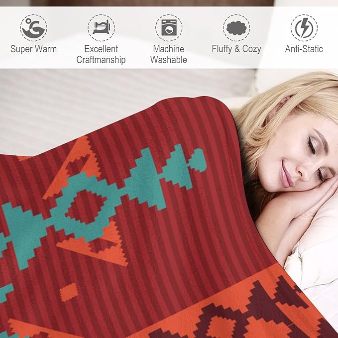 Aztec Throw Blanket, Red Native Southwestern Boho Blanket for Couch Bed Chair Outdoor Travel 50"x60"