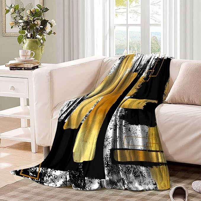 Modern Abstract Geometric Warm Blanket 40x50inch(100x130cm),Black White Gold Oil Painting Art Travel Blanket Lightweight Cozy