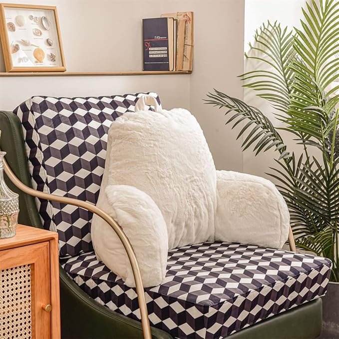NTBED Reading Pillow Faux Fur Bed Wedge Backrest with Arms,Couch TV Relax Bed Rest Pillow Back Support Cushion for Kids Teens Boys Girls(Ivory)