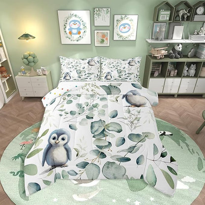 Erosebridal Cartoon Penguin Bedding Toddler Size Woodland Wildlife Comforter Set, Plant Duvet Insert Eucalyptus Leaf Quilt Comforter, Antarctic Animal Theme Bedding Comforters & Sets Kids Room Decor