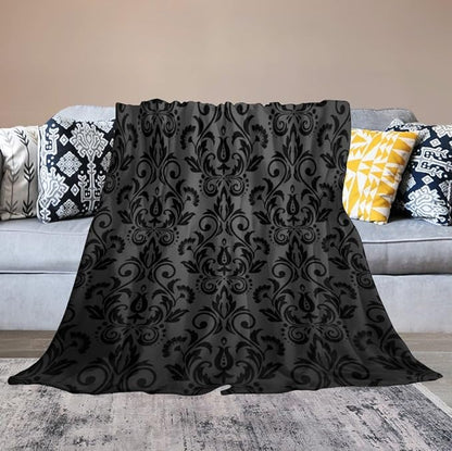 Black Damask Blanket, Antique Victorian Style Gothic Vintage Black Floral Bohemian Exotic Print Blanket for Sofa Bed Decor Fuzzy Blanket Twin, 50"x60"