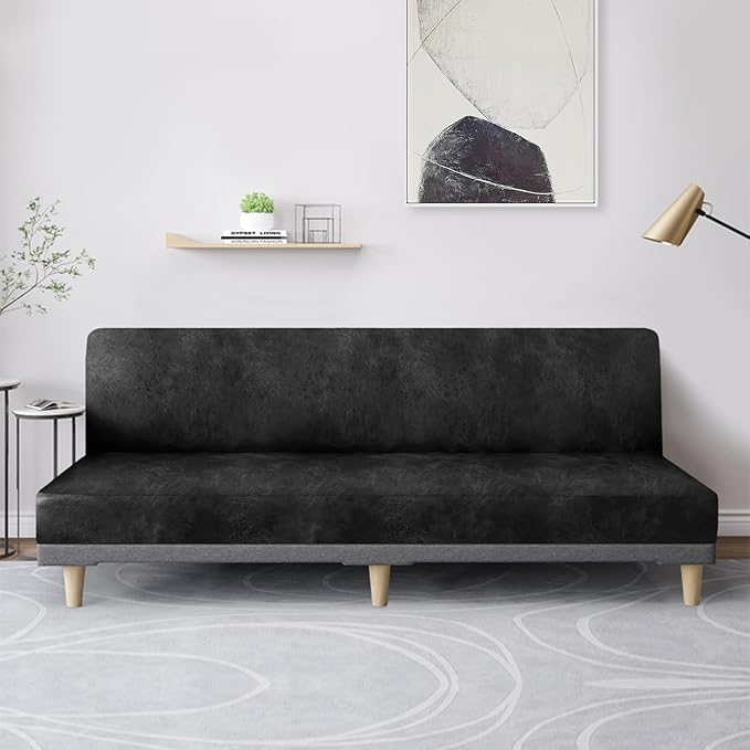molasofa Leather Like Stretch Futon Slipcover Armless Futon Bed Sofa Cover Furniture Protector with Elastic Bottom, Soft and Washable Futon Cover for Sofa Bed Stay in Place（X Larger，Dark Grey）