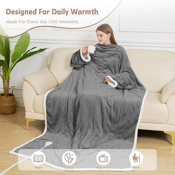 Heated Blanket, 55"×80" Wearable Electric Blanket with Sleeves, Sherpa Snuggle Throw Blanket, Warm Gift for Grandma, Mom, Dad, (Grey)