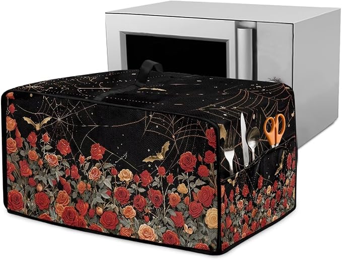 Red Rose Bat Cobweb Print Microwave Oven Dust Cover Polyester-Linen Fabric Dust Cover for Microwave Oven Universal Dust-Proof Kitchen Appliance Protector Fits Most Microwaves, S