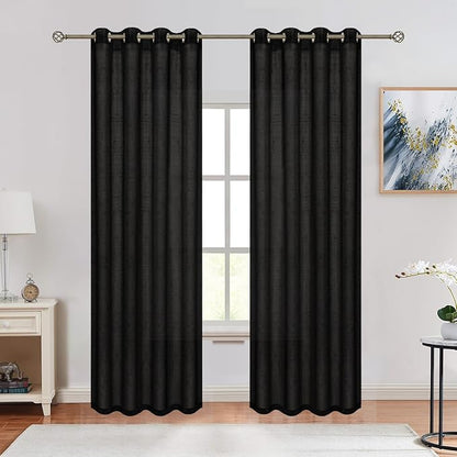 Sheer Curtains Faux Linen Semi Voile Light Filtering Drapes Pair for Bedroom Living Room, Set of 2 Grommet Top Window Curtain Panels (Each 54 x 84 Inch,Black)