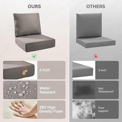 Luxury 6" Outdoor Cushions for Patio Furniture, 24x24x6" Thick Seat Cushion Set of 3, Fade Resistant Couch Chair Replacement Cushions High Density Deep Wicker Chair Cushion w/ Removable Cover Gray