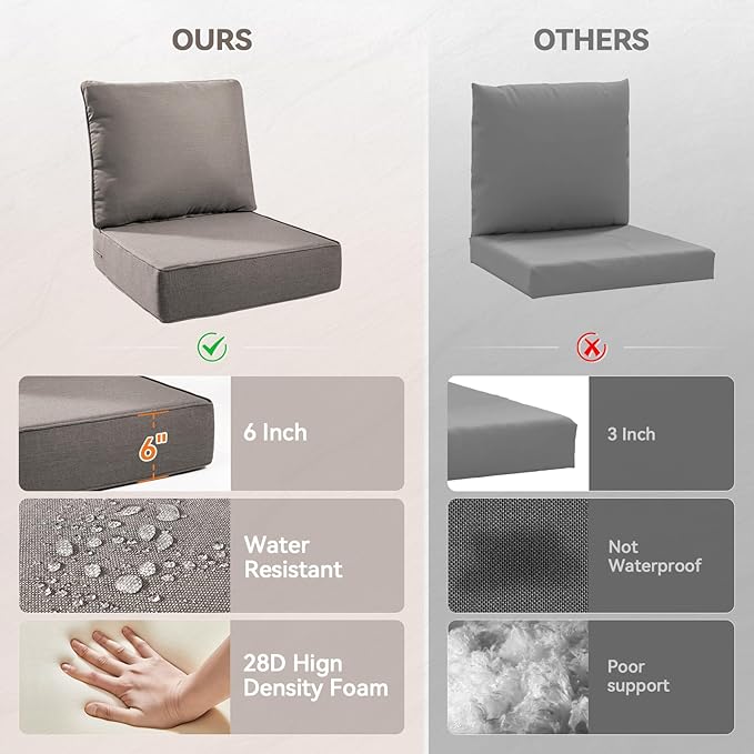 Luxury 6" Outdoor Cushions for Patio Furniture, 24x24x6" Thick Seat Cushion Set of 9, Fade Resistant Couch Chair Replacement Cushions High Density Deep Wicker Chair Cushion w/ Removable Cover Gray
