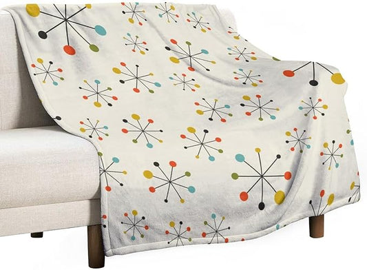 Mid Century Throw Blanket, Retro Abstract Geometric Pattern Boho 1950s 1960s Iconic Atomic Starbursts Modern Sputnik Print Blanket for Couch Sofa Bed Decorative Gifts 30"x40"