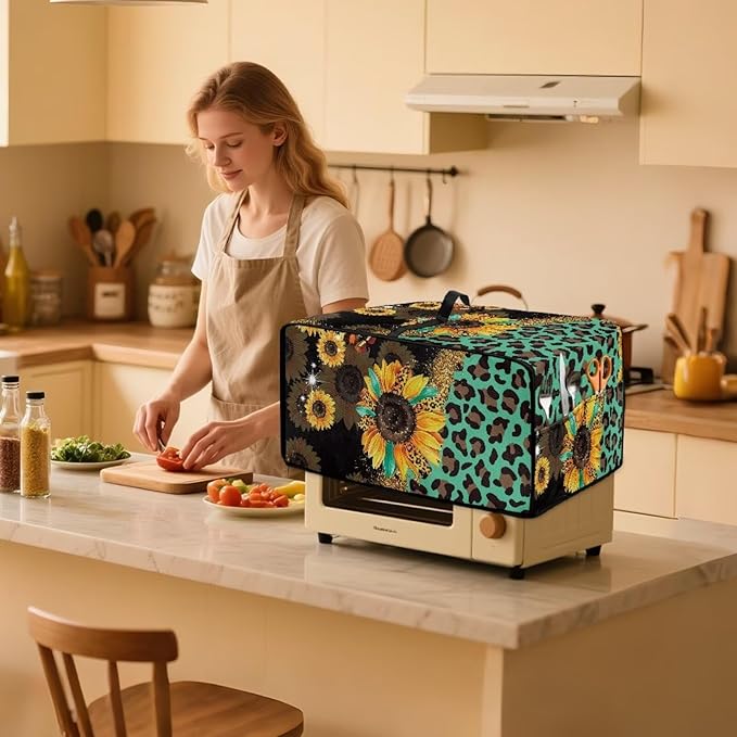 Toaster Oven Protective Cover with Side Pockets, Dustproof Smart Microwave Oven Protector for Kitchen Countertop, L, 18.5 x 22.5 x 13 Inches, Sunflower Leopard Print